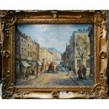 M J Rendell - A busy street view, oil on board, signed lower left, 38.5 x 48.5 cm