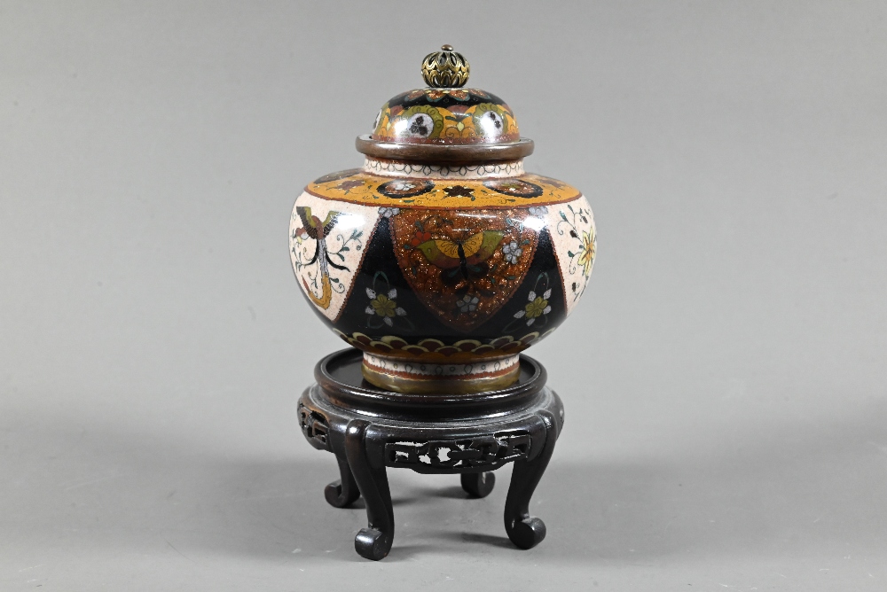 A pair of late 19th or early 20th century Japanese cloisonne ovoid vases with domed covers and - Image 2 of 16