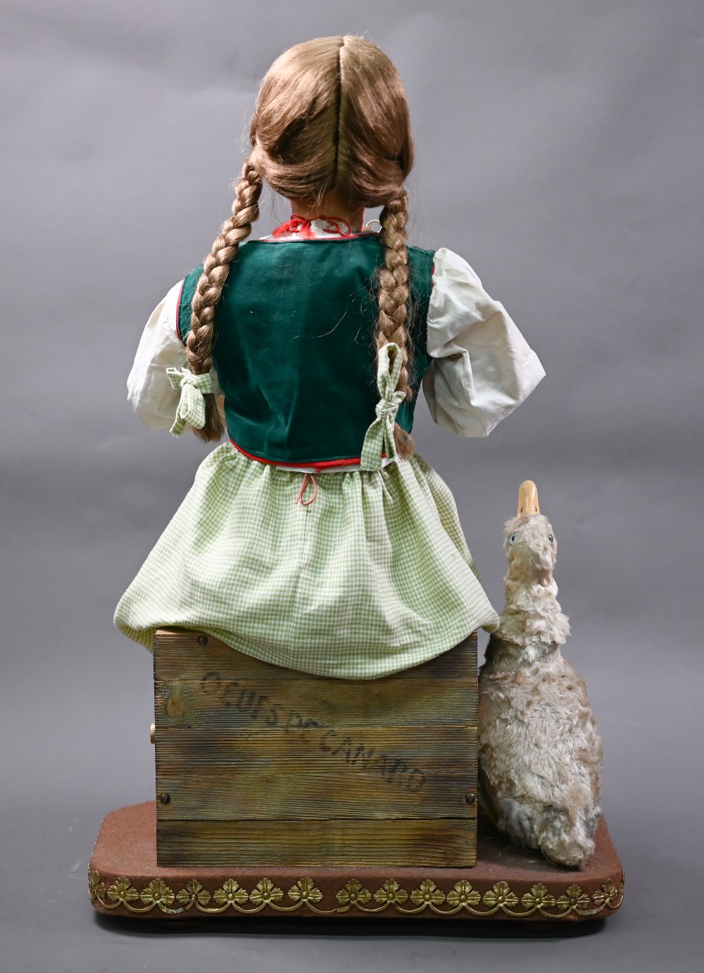 A large 19th century French automaton, Farmer's Daughter Blowing Bubbles, with duckling - she dips - Image 7 of 7