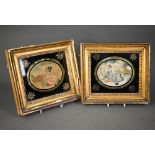 A pair of 19th century oval silk longstitch pictures of a young girl and a boy with birds in