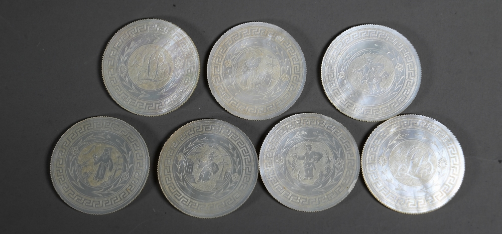 A large set of late 18th or early 19th century bespoke Chinese mother-of-pearl gaming counters, - Image 10 of 13