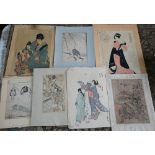 Eight unframed ukiyo-e woodblock/prints including two Japanese vertical oban examples in ink and