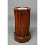 A Victorian marble top mahogany cylinder pot cupboard, the fluted sides and door raised on an
