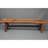 A pair of elm plank benches, raised on turned frames, 200 cm x 18 cm x 45 cm h (2)