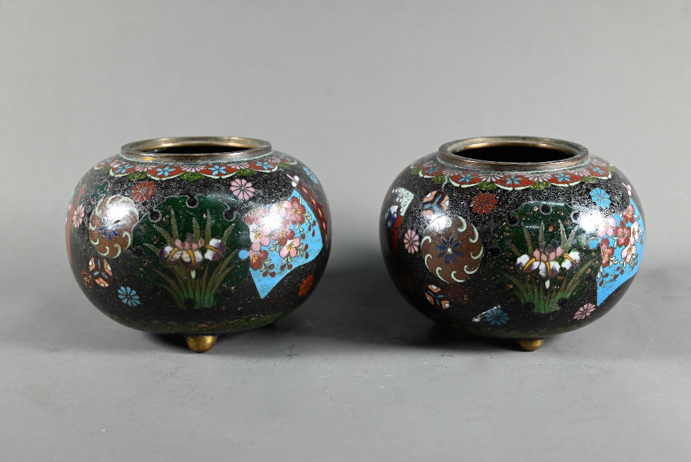 A pair of early 20th century Japanese cloisonne koro (missing covers) of globular form in sparkly - Image 8 of 10