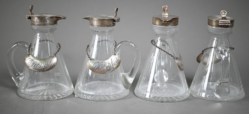 A matched set of four conical glass whisky noggins with star-cut bases and silver collars and - Image 2 of 5