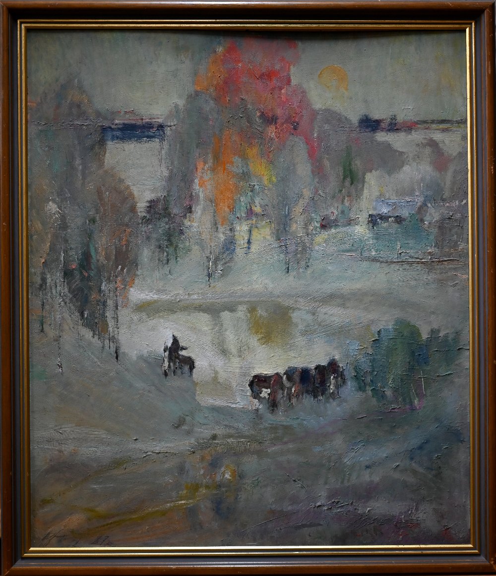 20th century Russian school - A semi-abstract landscape with horses, oil on board, signed bottom - Image 2 of 6