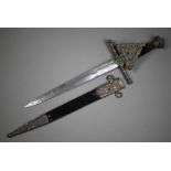 A medieval romantic style glass jewel studded gilt metal dagger, the blade stamped Whites, London,