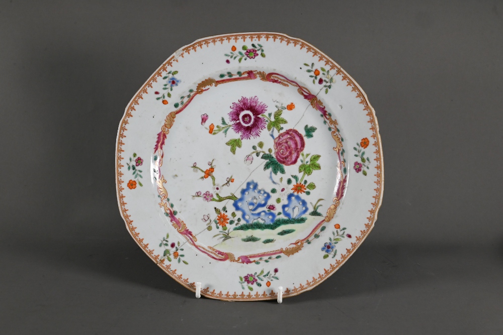 Six 18th century Chinese famille rose plates (four circular and two octagonal) painted with a - Image 10 of 15