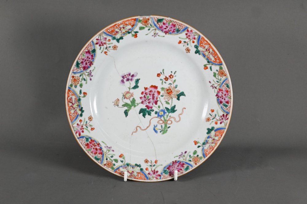 Six 18th century Chinese famille rose plates (four circular and two octagonal) painted with a - Image 6 of 15