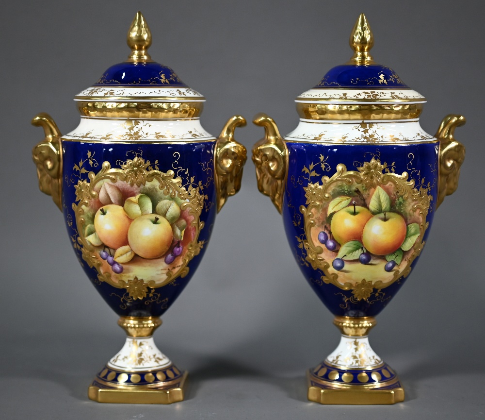 A pair of boxed Coalport blue-ground urns and covers, the reserves painted with fruit still lifes - Image 2 of 5