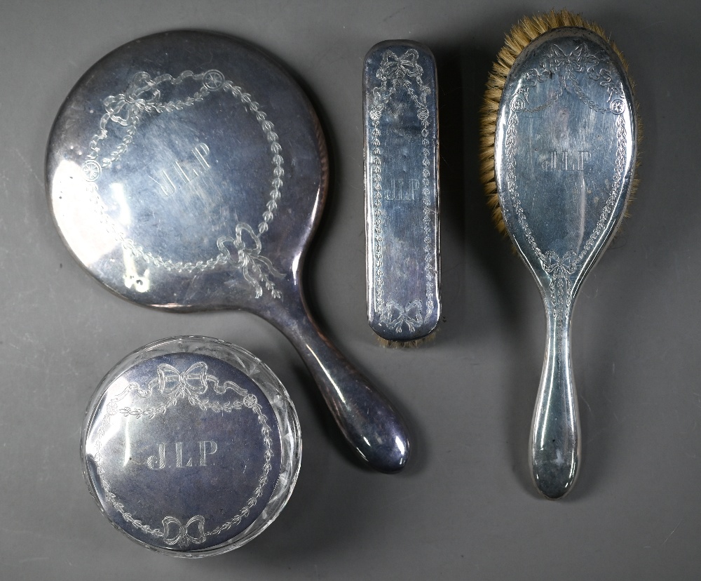 Three Victorian cut glass toilet-jars with engraved silver tops, to/w two silver-topped hatpin - Image 4 of 4