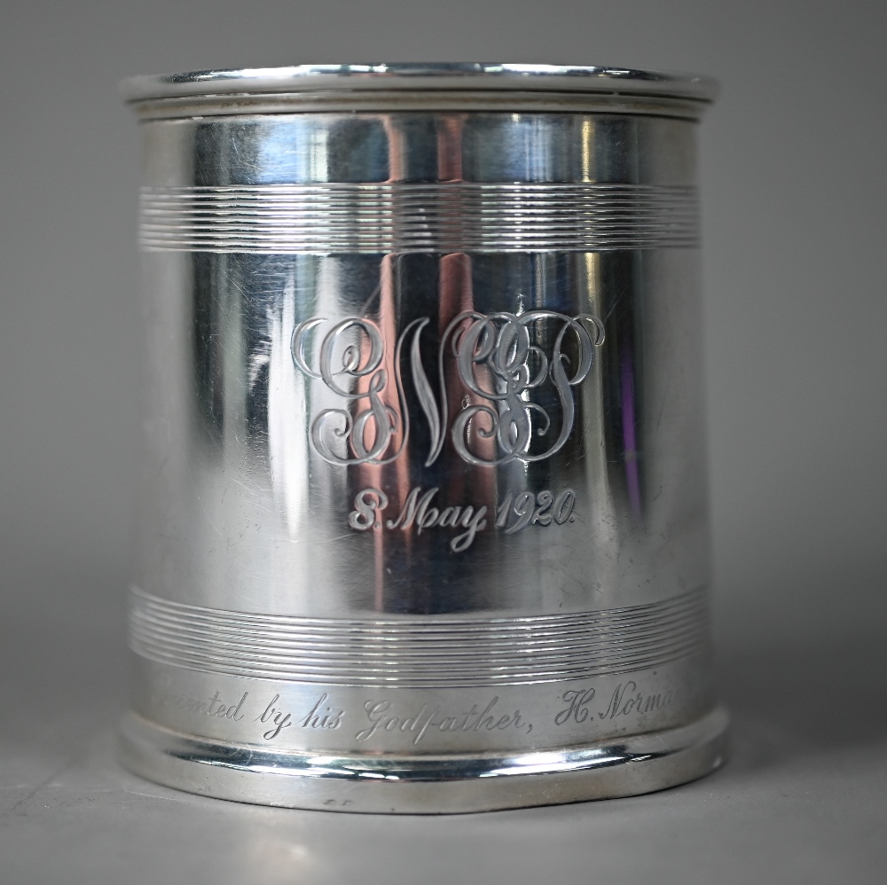 Silver Christening mug in the Georgian manner, of tapering form with reeded bands and scroll handle, - Image 3 of 6