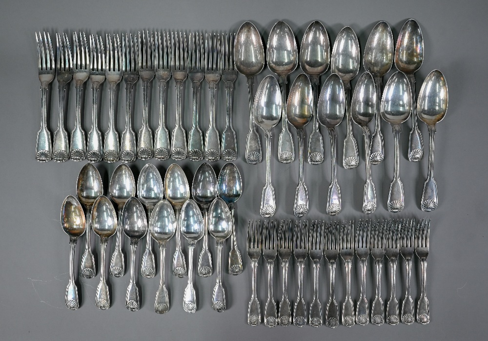 A set of antique electroplated fiddle thread and shell flatware, comprising twelve each table spoons