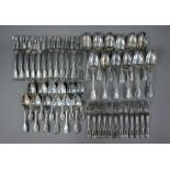 A set of antique electroplated fiddle thread and shell flatware, comprising twelve each table spoons