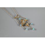 An antique necklace in the Art Nouveau style set with seed pearl and turquoise, 15 ct yellow gold