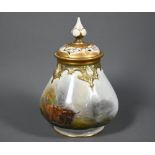 A Royal Worcester pot pourri vase and cover with gilded top and foot, painted with Highland cattle