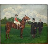 F W Colley - Study of a horse and rider with owner, oil on canvas, signed lower right, 50.5 x 61 cm