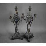 A pair of antique bronze patinated four branch candelabra, on tri-form bases and marble plinths,