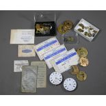 Assorted pocket watch parts incl. Kays & Co. movement and dial, mainsprings, movement plates etc (