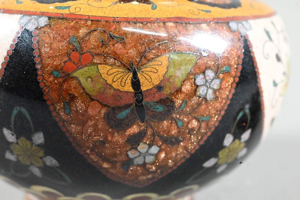 A pair of late 19th or early 20th century Japanese cloisonne ovoid vases with domed covers and - Image 9 of 16