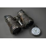 An Edwardian pair of binoculars with embossed silver cladding, London 1904, to/w a Victorian