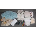 Assorted textiles including pair of embroidered slippers/shoes, silk embroidered fan with bone