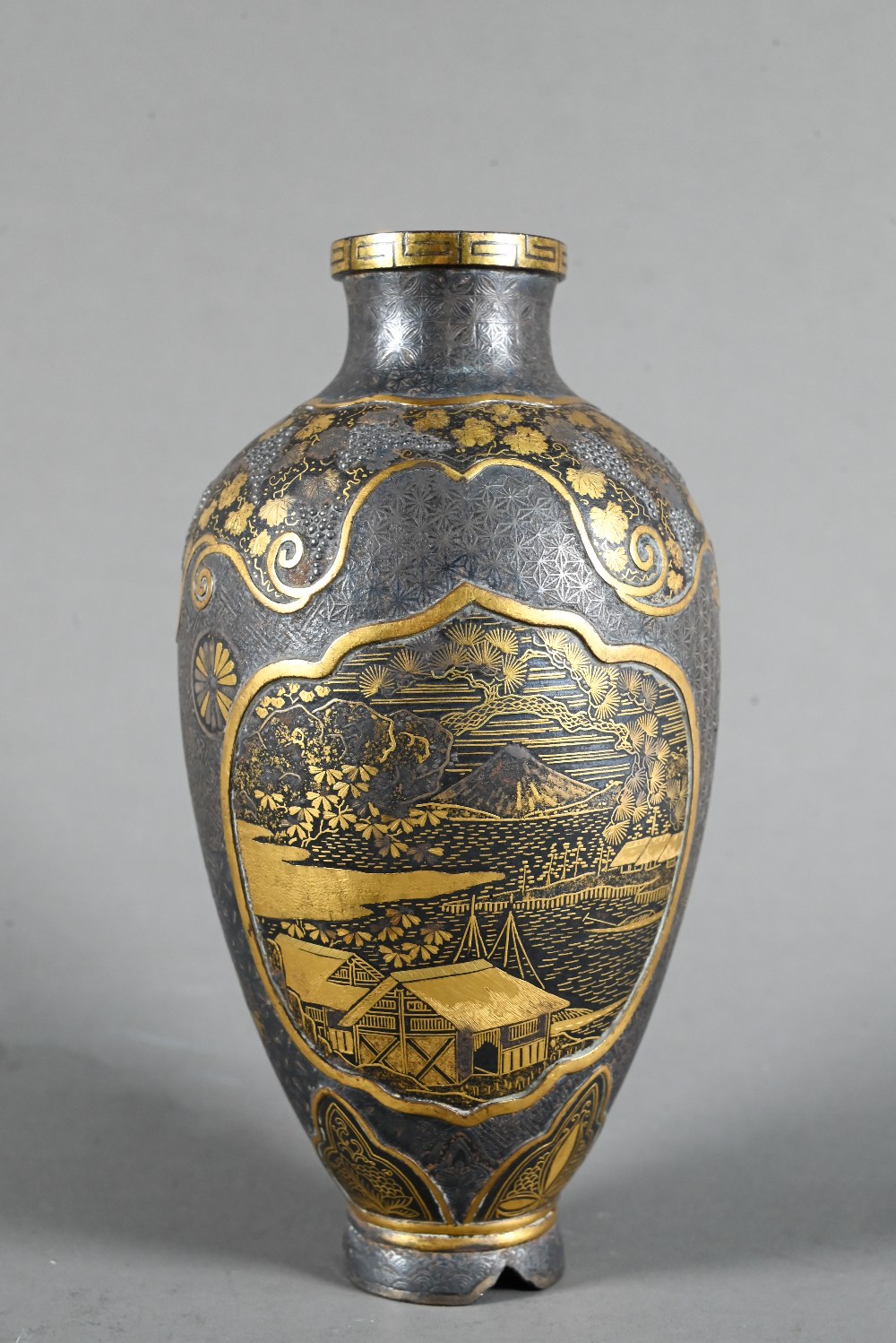 A small late 19th or early 20th century Japanese iron and mixed metal Komai style vase signed - Image 2 of 10