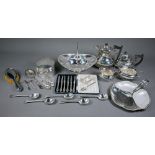 Various electroplated wares, including a four-piece tea service, Victorian oval fruit basket with