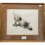 A drypoint etching of a Jack Russell tormenting a hedgehog, pencil signed to lower margin, 20 x 25.5