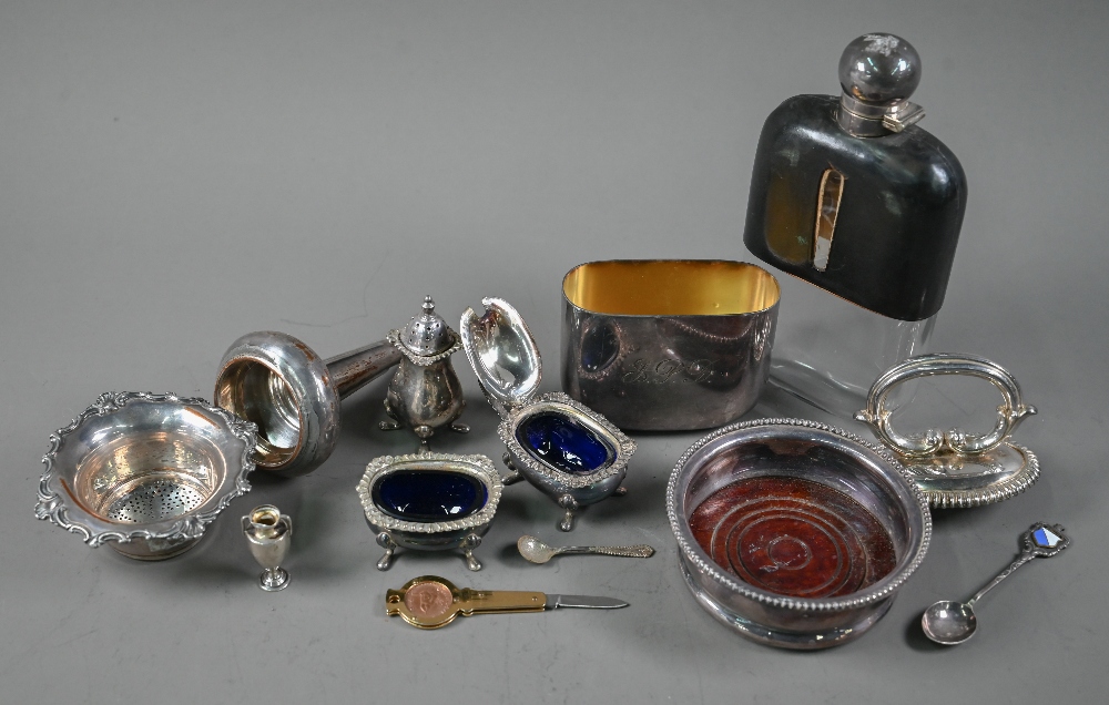 An Old Sheffield Plate wine funnel, to/w a hip-flask, wine coaster, three-piece condiment set,