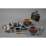An Old Sheffield Plate wine funnel, to/w a hip-flask, wine coaster, three-piece condiment set,