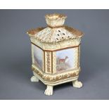 A Victorian Royal Doulton china square pot pourri with inner cover and pierced lid, on lion-pad
