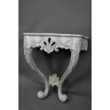 An antique distress painted serpentine form console table, carved pine, raised on twin scroll legs