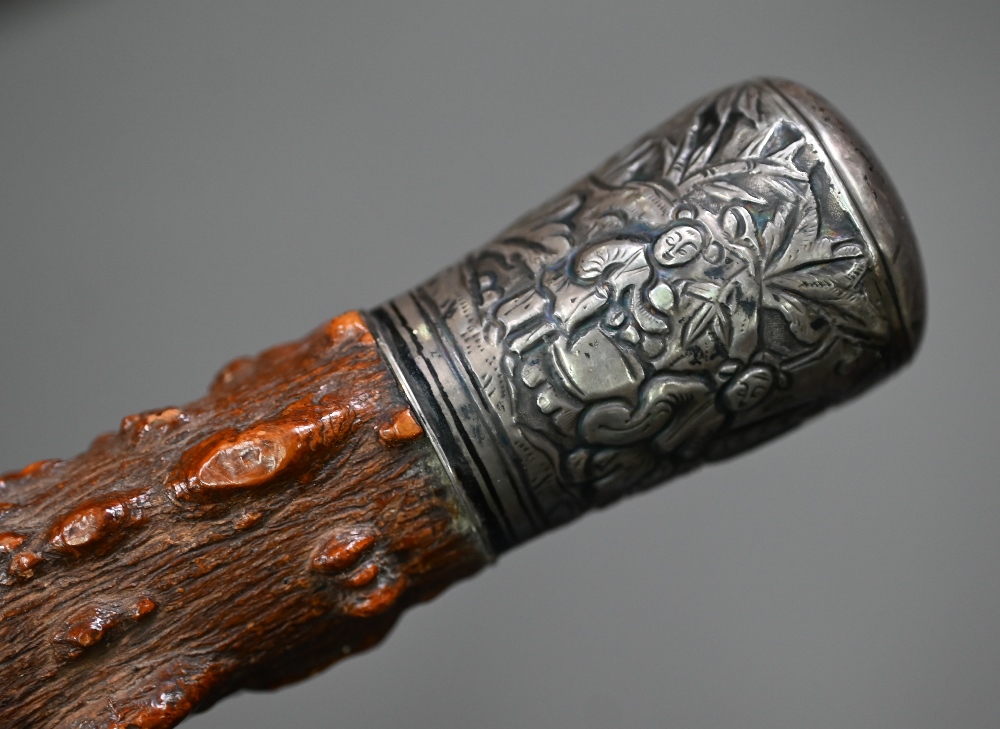 A late 19th century sword stick with hoop handle within a bamboo scabbard to/w an oriental silver - Image 3 of 4