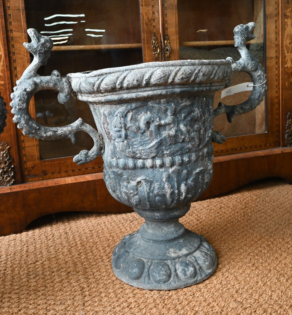 A pair of antique classical style lead urns, with dragon handles, 56 cm h (2) original, bodies - Image 2 of 6