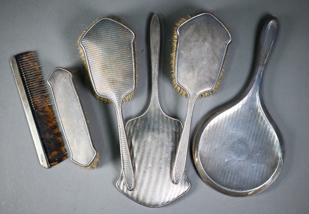 Silver-backed four piece brush set including hand-mirror, to/w another mirror and various silver and - Image 4 of 4