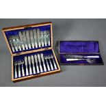Mahogany cased set of twelve each electroplated fish knives and forks with mother of pearl