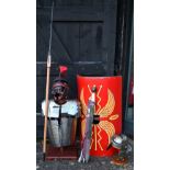 Reproduction Roman armour - a segmented steel breast/shoulder tunic, on wooden stand to/with a