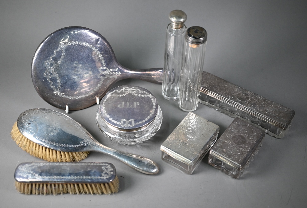 Three Victorian cut glass toilet-jars with engraved silver tops, to/w two silver-topped hatpin - Image 2 of 4