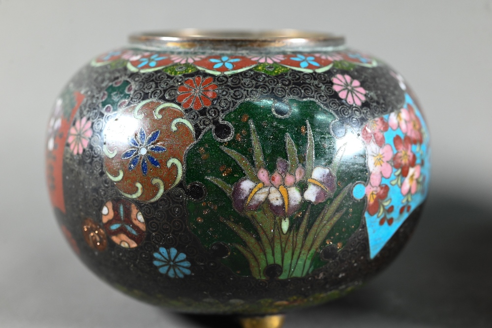 A pair of early 20th century Japanese cloisonne koro (missing covers) of globular form in sparkly - Image 9 of 10
