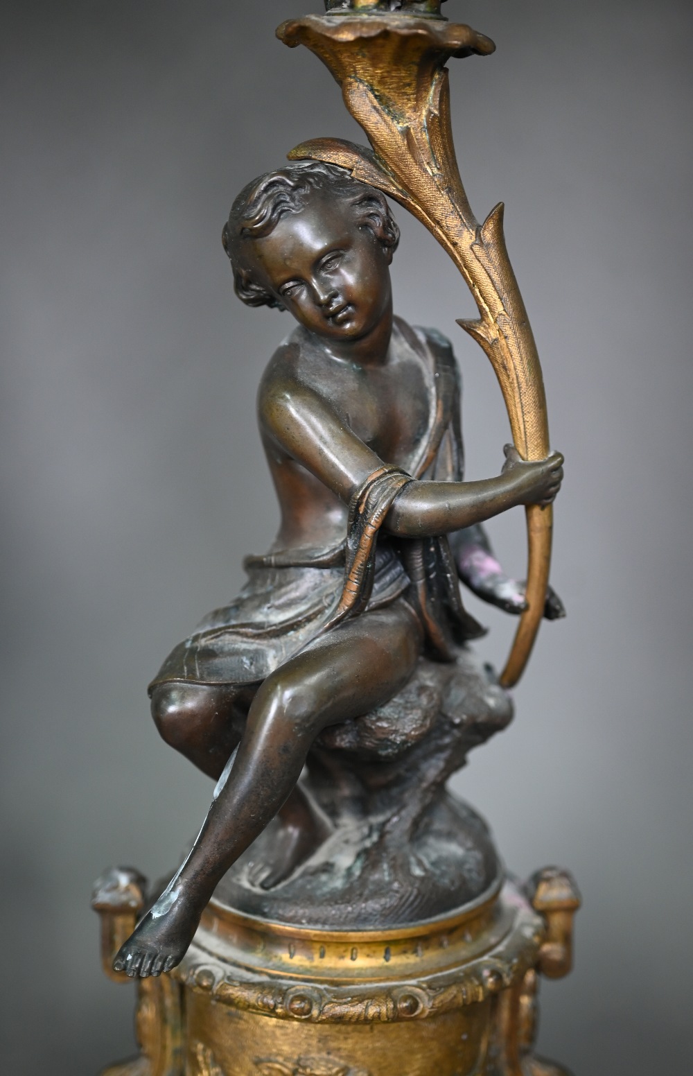 A good pair of French bronze, ormolu and marble six branch candelabra, the seated classical female - Image 4 of 8