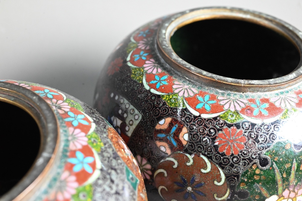 A pair of early 20th century Japanese cloisonne koro (missing covers) of globular form in sparkly - Image 10 of 10