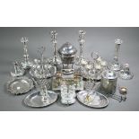Three pairs of electroplated candlesticks, to/w three egg-cup cruets, etc. (box)