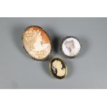 Three various brooches including modern oval cameo of female with marcasite mount, painted ceramic