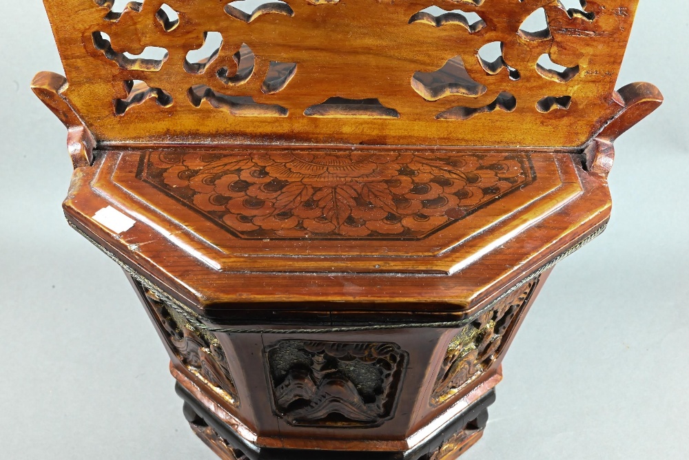 A Chinese stained hardwood water bucket of tapering octagonal form with floral and foliate fret- - Image 6 of 10