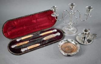 Victorian cased five-piece carving set, the antler handles with ep pommels embossed with rams'