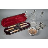 Victorian cased five-piece carving set, the antler handles with ep pommels embossed with rams'