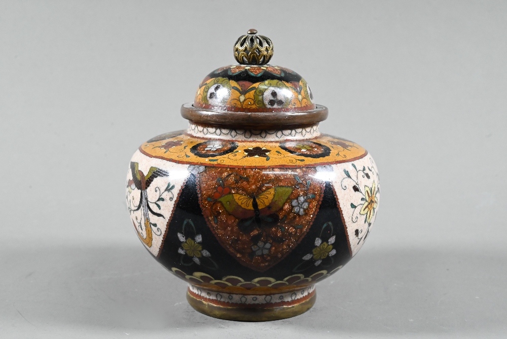 A pair of late 19th or early 20th century Japanese cloisonne ovoid vases with domed covers and - Image 3 of 16