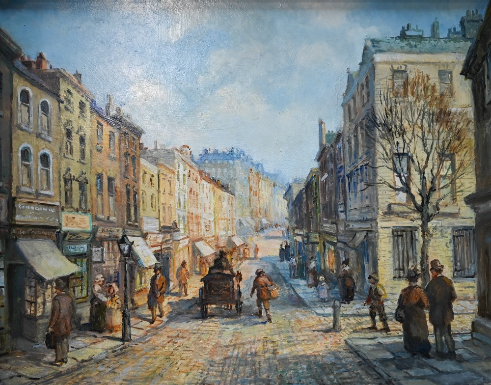 M J Rendell - A busy street view, oil on board, signed lower left, 38.5 x 48.5 cm - Image 2 of 4